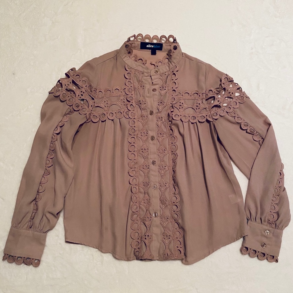 Alice Blue Taupe Lace-Trim Button Front Blouse